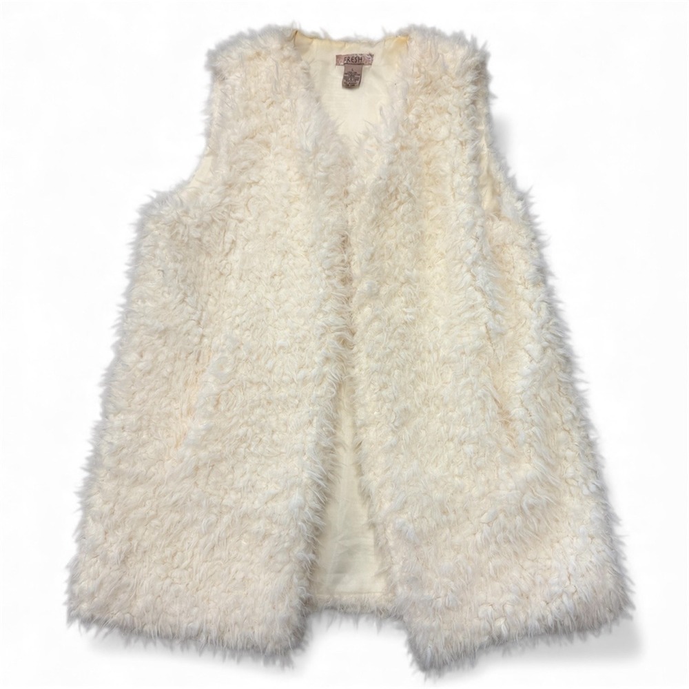 Boho Cozy Fresh Faux Fur Vest Ivory Layering Shaggy Open Front Sleeveless Large